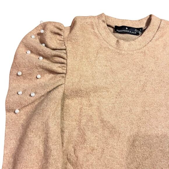 Pomander Place Tuckernuck Puff Pearl Sleeve Sweater Size Small Tan Preppy Party - Picture 5 of 8
